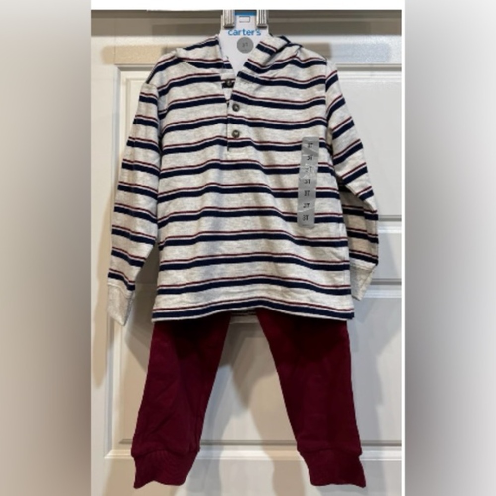 NWT Carter's Navy Striped Hooded Top and Maroon Pants Set size 3T